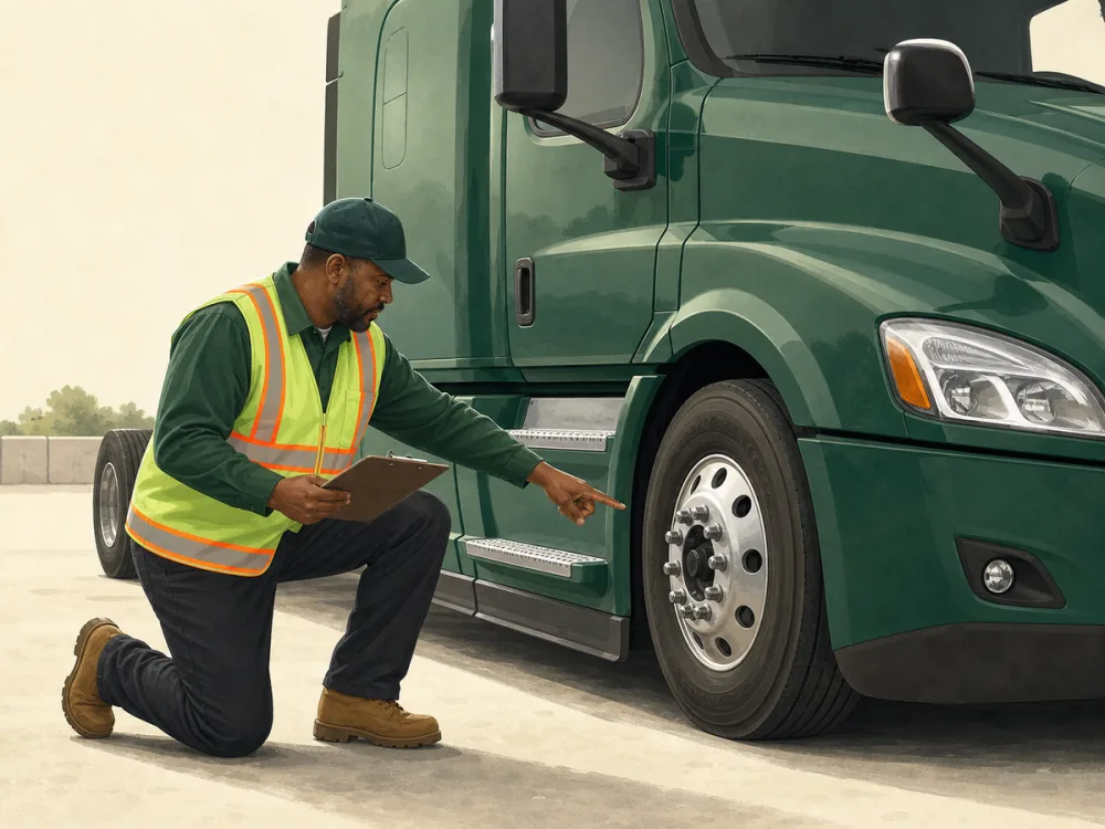 Commercial driver inspecting a tractor tire